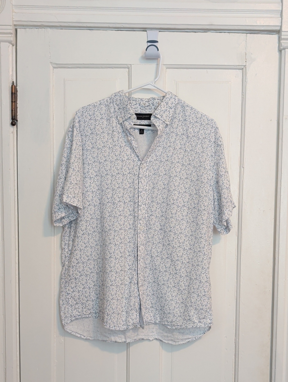 Express Men’s Short Sleeve Button-Up Shirt - White with Blue Floral Print